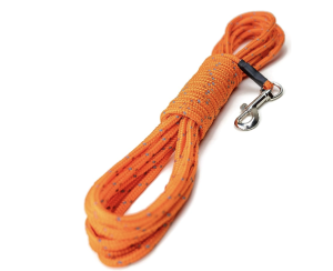 Flourescent orange, neatly coiled rope leash